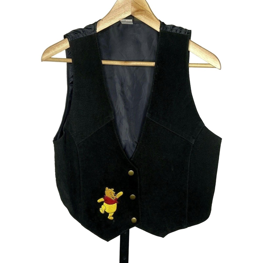Vintage Winnie the Pooh Vest Womens S / M Black Suede Leather‎ Embroidered Snaps